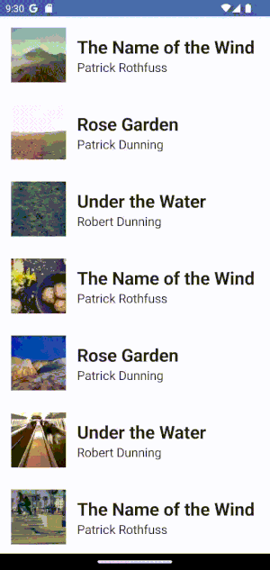 Animation of a book list built in Compose scrolling