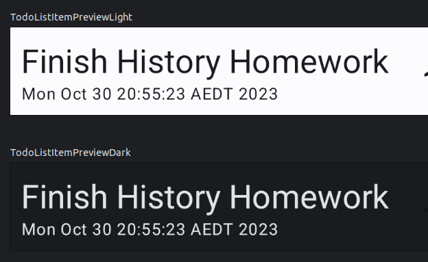 Preview of light and dark mode variants of the styled TodoListItem
